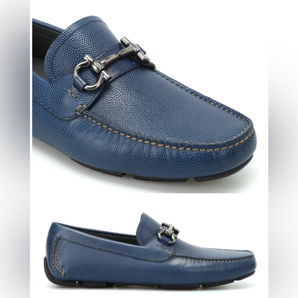 Salvatore Ferragamo Parigi Gancini Blue Pebble Calf Loafer Moccasin 8 EE‎$795